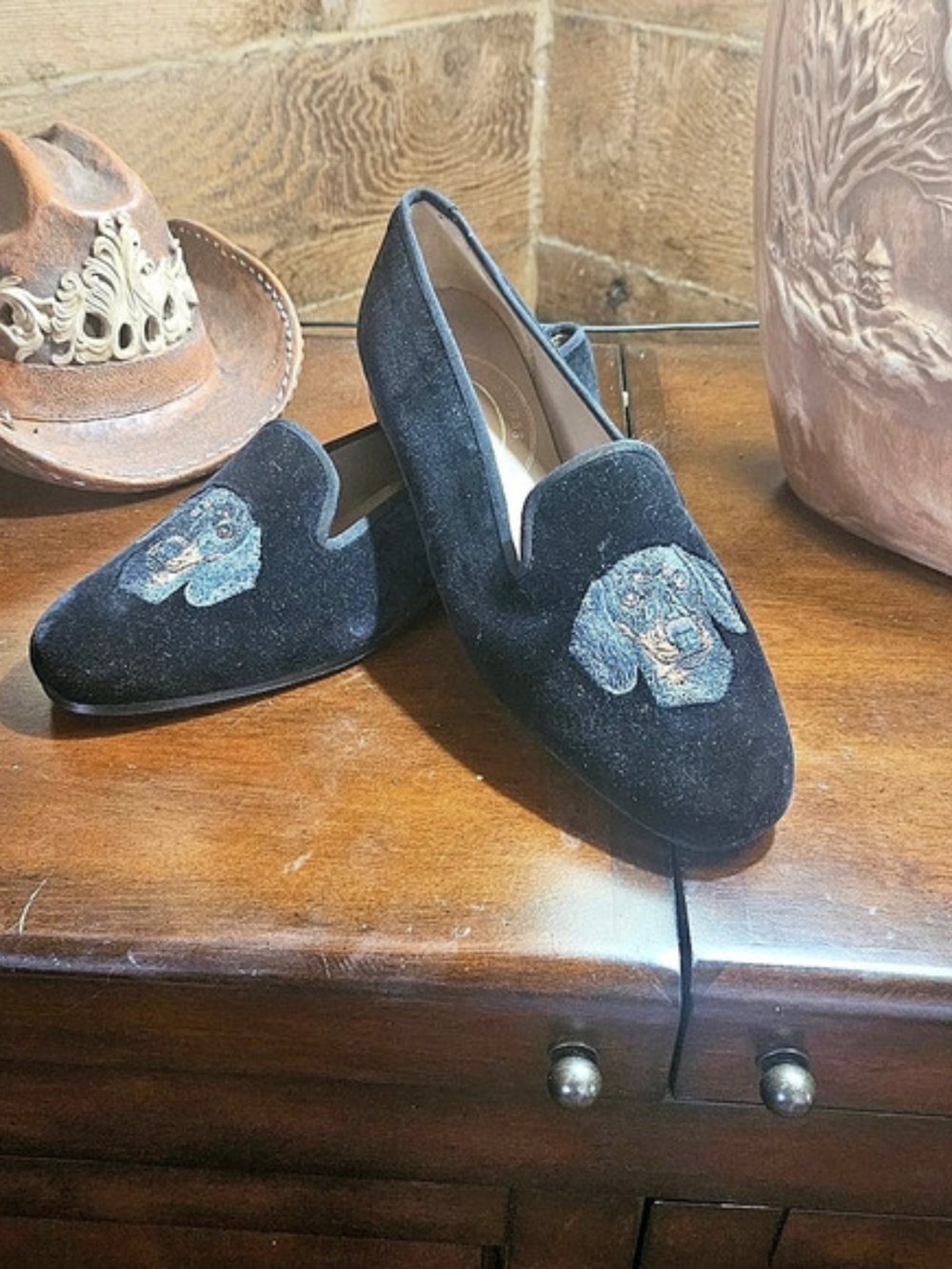 Stubbs & Wootton Embroidered Dog Loafers Dog Embroidered Heels Black US 8.5